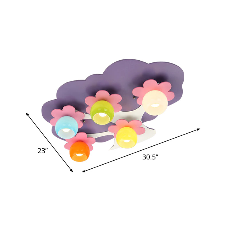Kinderen 5-lichts semi-spoeling Licht bevestiging Paarse bloesem boomplafondlamp met gekleurde glazen schaduw