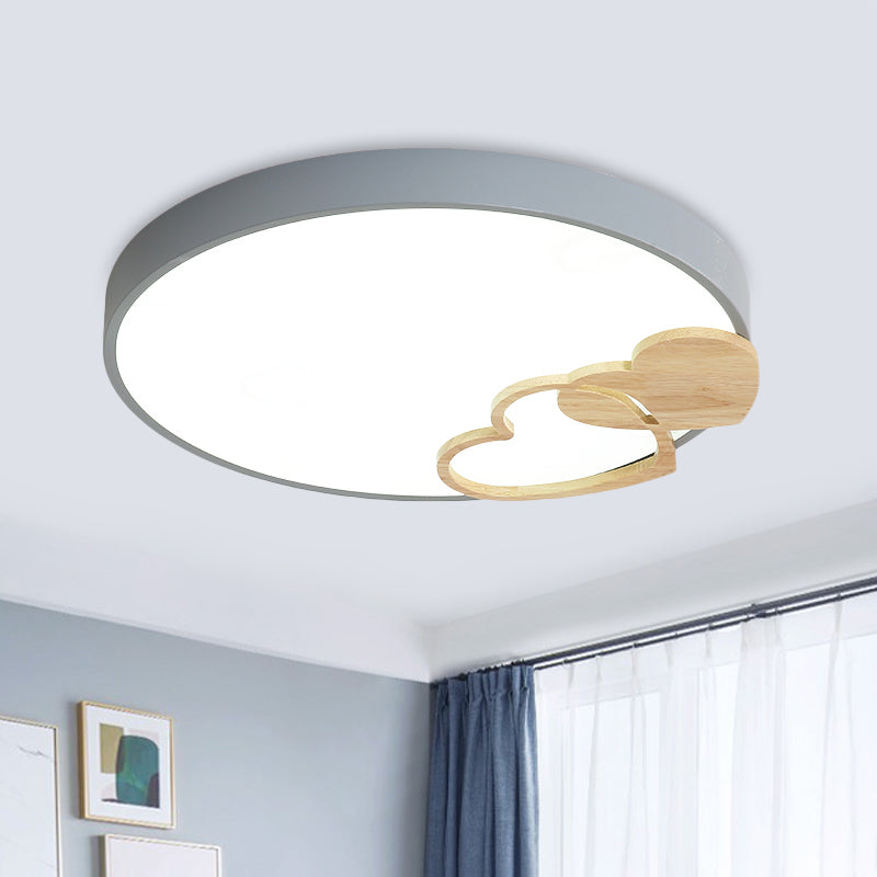 Acrylic Rounded Flush Mount Fixture Nordic Green/White/Grey Ceiling Light with Wood Loving Heart Pattern