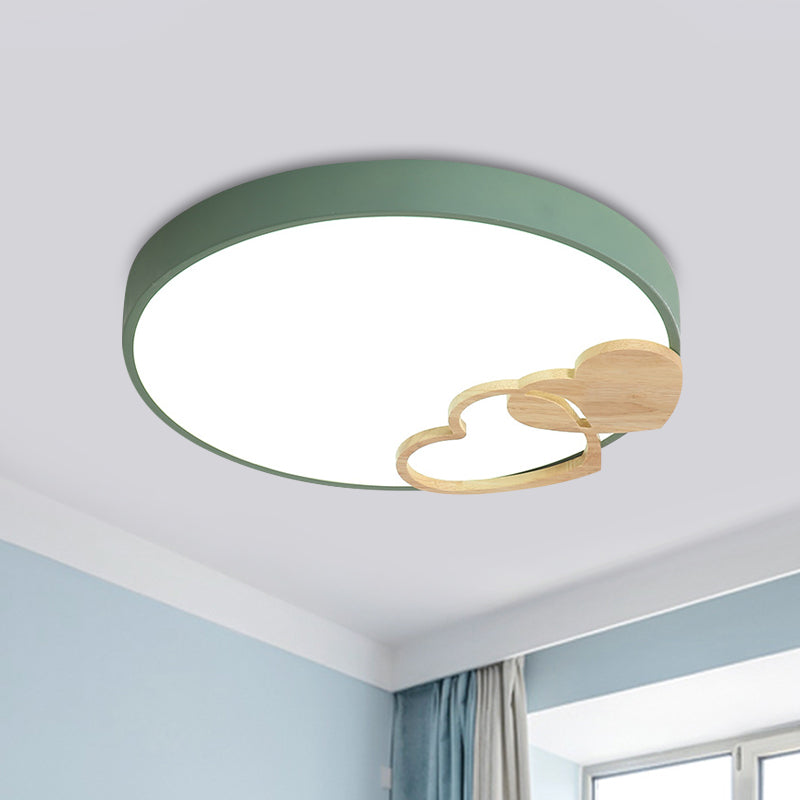 Acrylic Rounded Flush Mount Fixture Nordic Green/White/Grey Ceiling Light with Wood Loving Heart Pattern