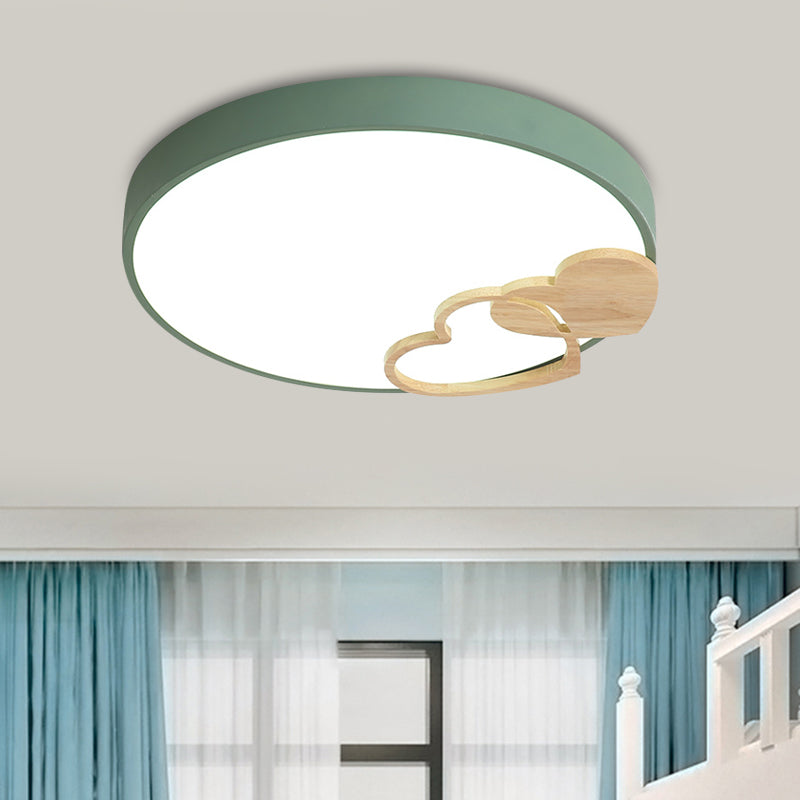 Acrylic Rounded Flush Mount Fixture Nordic Green/White/Grey Ceiling Light with Wood Loving Heart Pattern