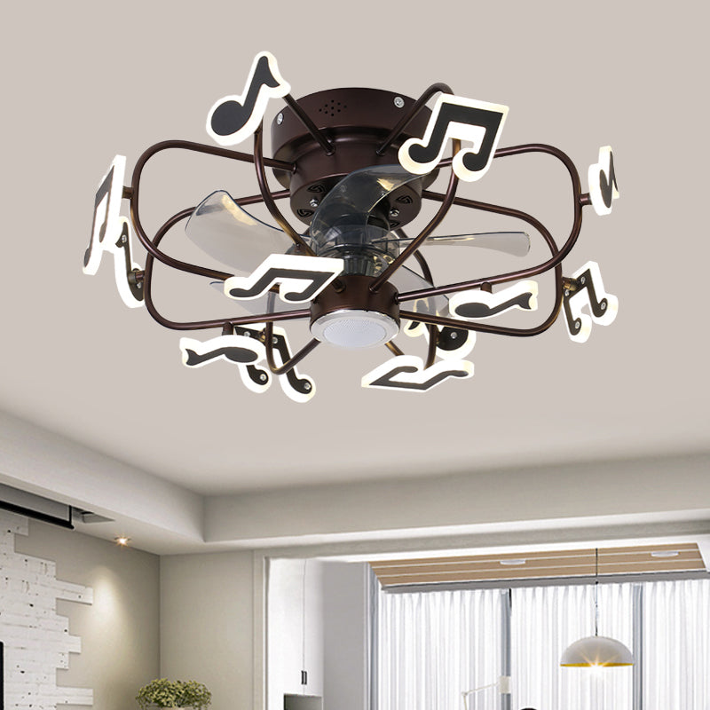 Kids 8 Bulbs 5 Blades Ceiling Fan Light Coffee Music Note/Grey Loving Heart/White Star Semi Flush Mount Lighting with Iron Cage, 23.5" Wide