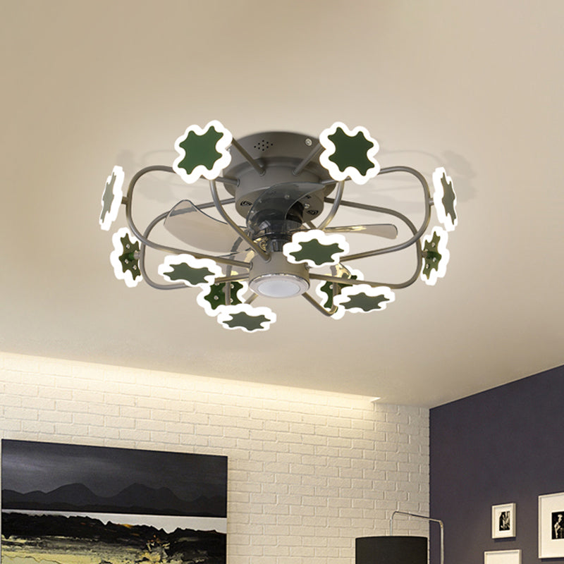 Flower Cage LED Semi Flush Ceiling Fan Macaron Iron 5-Blade 23.5" W Bedroom Semi Flush Mount Light with Cross Decor in Grey/White/Coffee