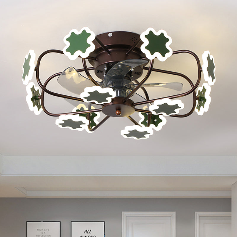 Flower Cage LED Semi Flush Ceiling Fan Macaron Iron 5-Blade 23.5" W Bedroom Semi Flush Mount Light with Cross Decor in Grey/White/Coffee