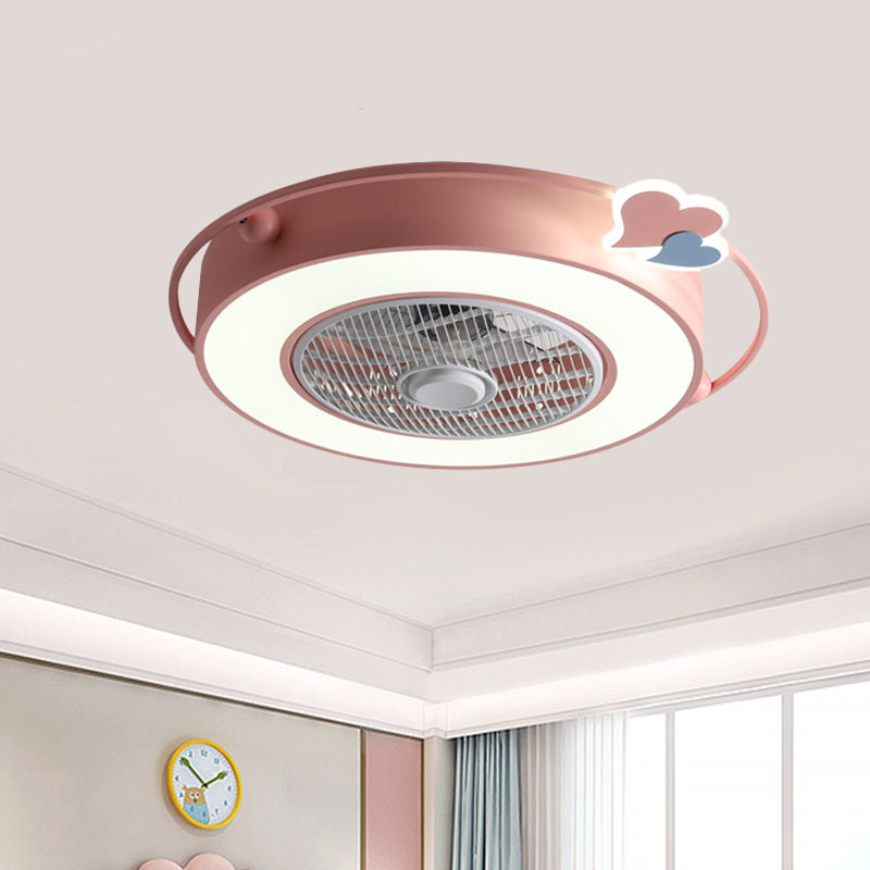 Blue/Pink Box LED Ceiling Fan Kids Acrylic Bladeless Semi Flush Mount Light Fixture with Round/Loving Heart/Cloud Ornament, 23.5" Width