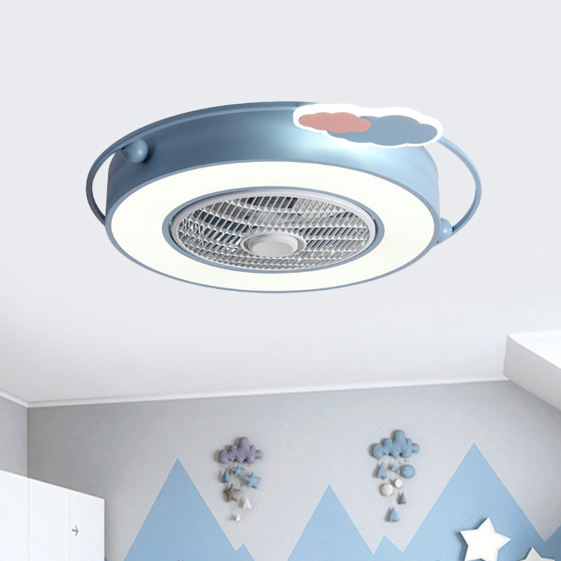 Blue/Pink Box LED Ceiling Fan Kids Acrylic Bladeless Semi Flush Mount Light Fixture with Round/Loving Heart/Cloud Ornament, 23.5" Width