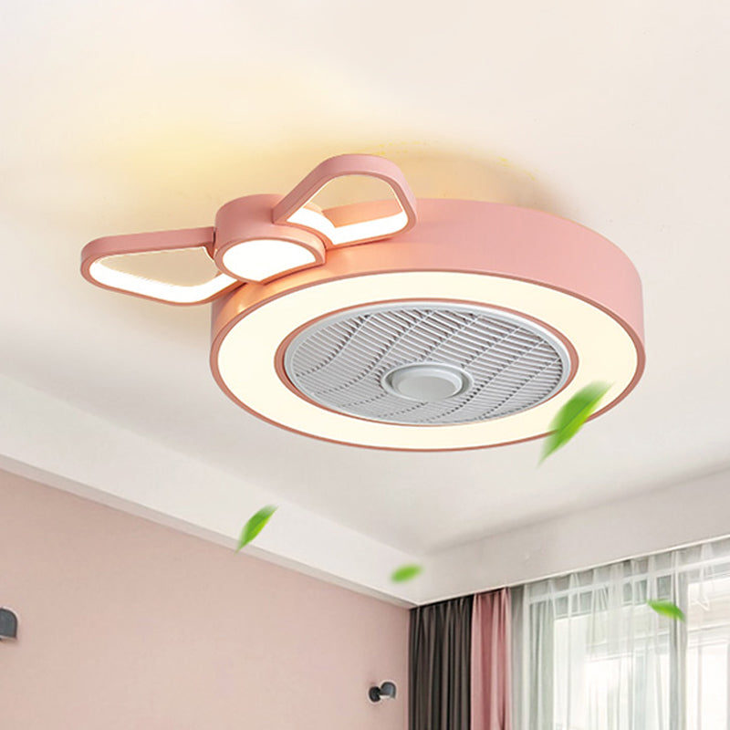 Rosette Round Box Ceiling Fan Light Cartoon Metal Girl's Bedroom LED Semi Flush Mounted Lamp in Pink, 24.5 Inch Wide