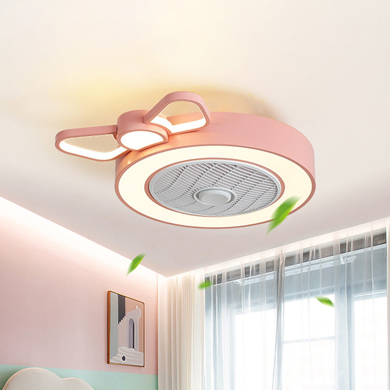 Rosette Round Box Ceiling Fan Light Cartoon Metal Girl's Bedroom LED Semi Flush Mounted Lamp in Pink, 24.5 Inch Wide