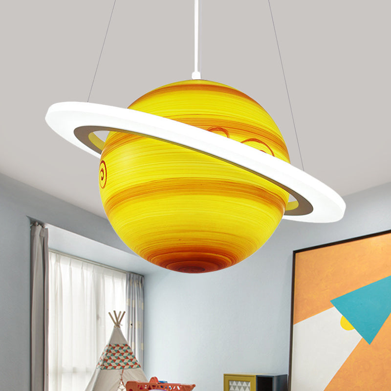 Kids 1 Bulb Suspension Light Yellow-Brown Jupiter/Blue Earth/Orange Sun Globe Pendant Chandelier with Acrylic Shade