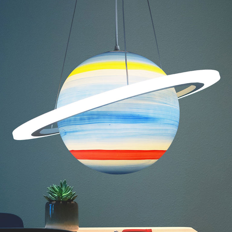 Kids 1 Bulb Suspension Light Yellow-Brown Jupiter/Blue Earth/Orange Sun Globe Pendant Chandelier with Acrylic Shade