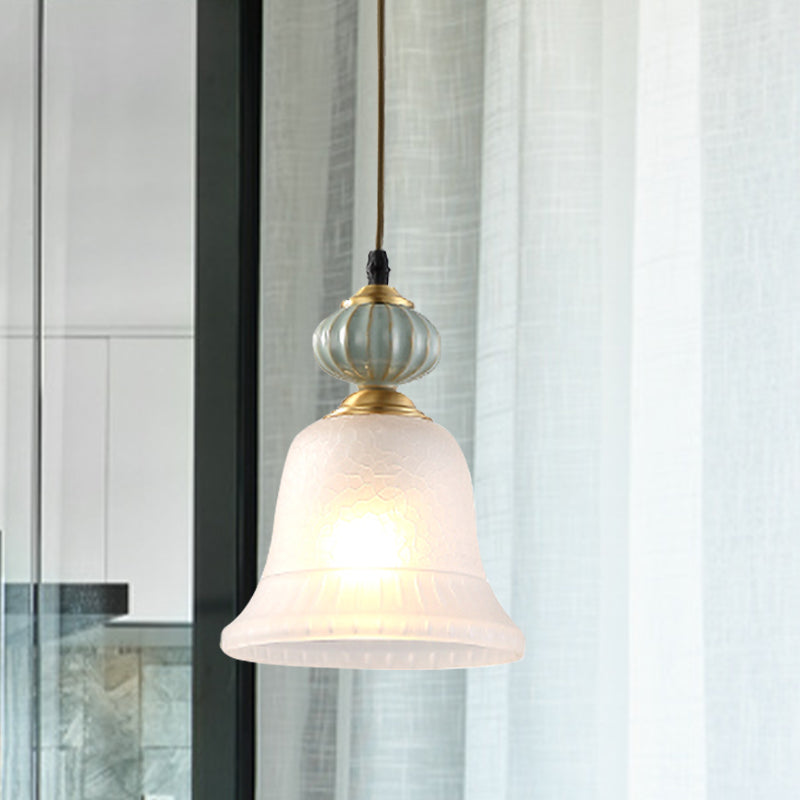 Bell White Glass Pendant Light Traditional 1 Bulb Restaurant Hanging Lamp with Ceramic Cap