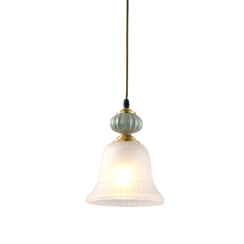 Bell White Glass Pendant Light Traditional 1 Bulb Restaurant Hanging Lamp with Ceramic Cap