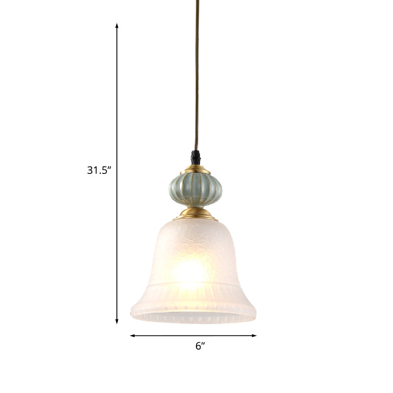 Bell White Glass Pendant Light Traditional 1 Bulb Restaurant Hanging Lamp with Ceramic Cap