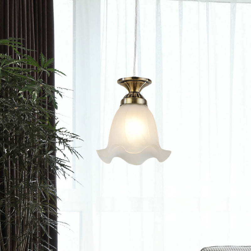 White Glass Scalloped Hanging Lamp Vintage 1-Bulb Living Room Suspension Pendant in Copper/Bronze