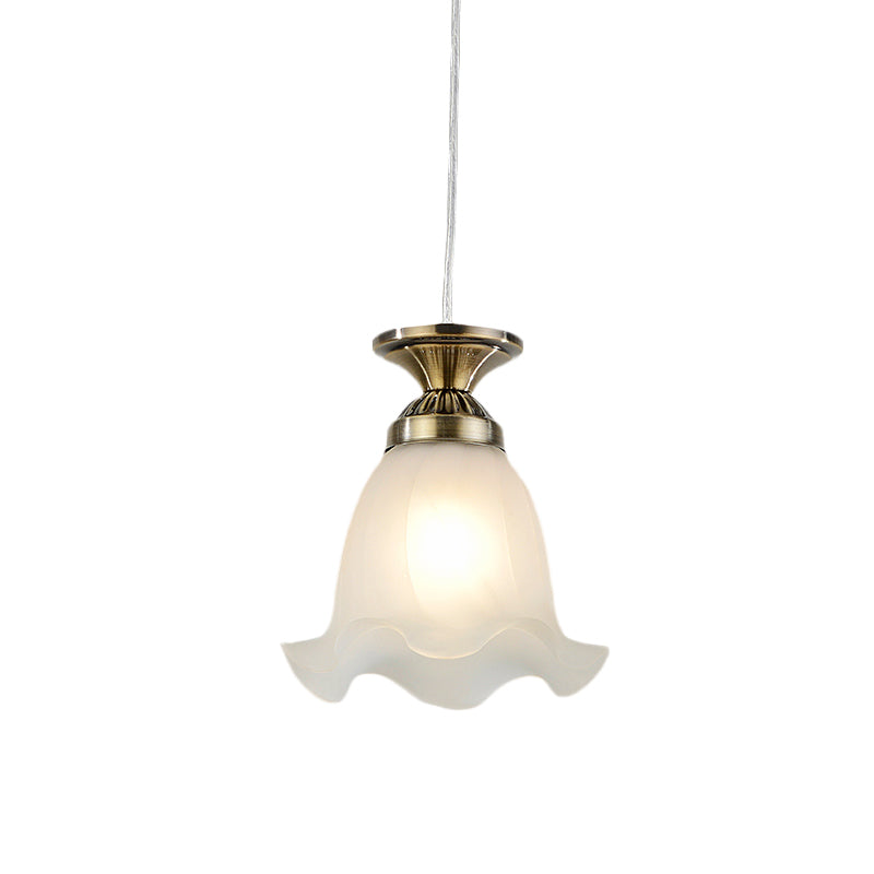 White Glass Scalloped Hanging Lamp Vintage 1-Bulb Living Room Suspension Pendant in Copper/Bronze