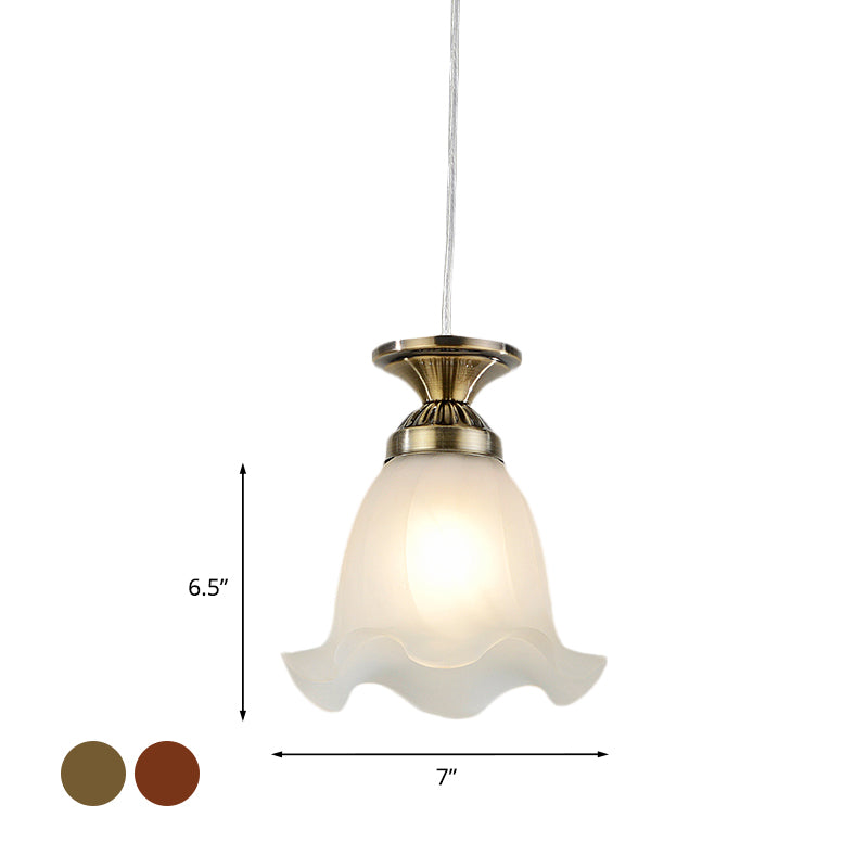 White Glass Scalloped Hanging Lamp Vintage 1-Bulb Living Room Suspension Pendant in Copper/Bronze