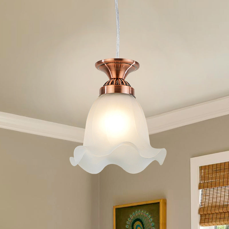 White Glass Scalloped Hanging Lamp Vintage 1-Bulb Living Room Suspension Pendant in Copper/Bronze