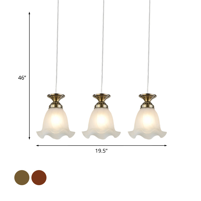 Traditional Scalloped Cluster Pendant 3 Bulbs Opal Glass Hanging Ceiling Light in Copper/Bronze for Restaurant