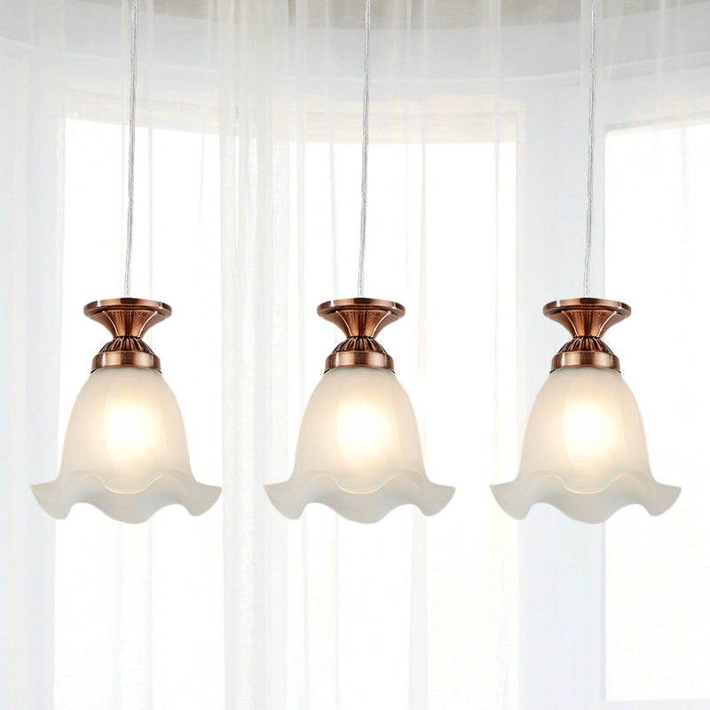 Traditional Scalloped Cluster Pendant 3 Bulbs Opal Glass Hanging Ceiling Light in Copper/Bronze for Restaurant