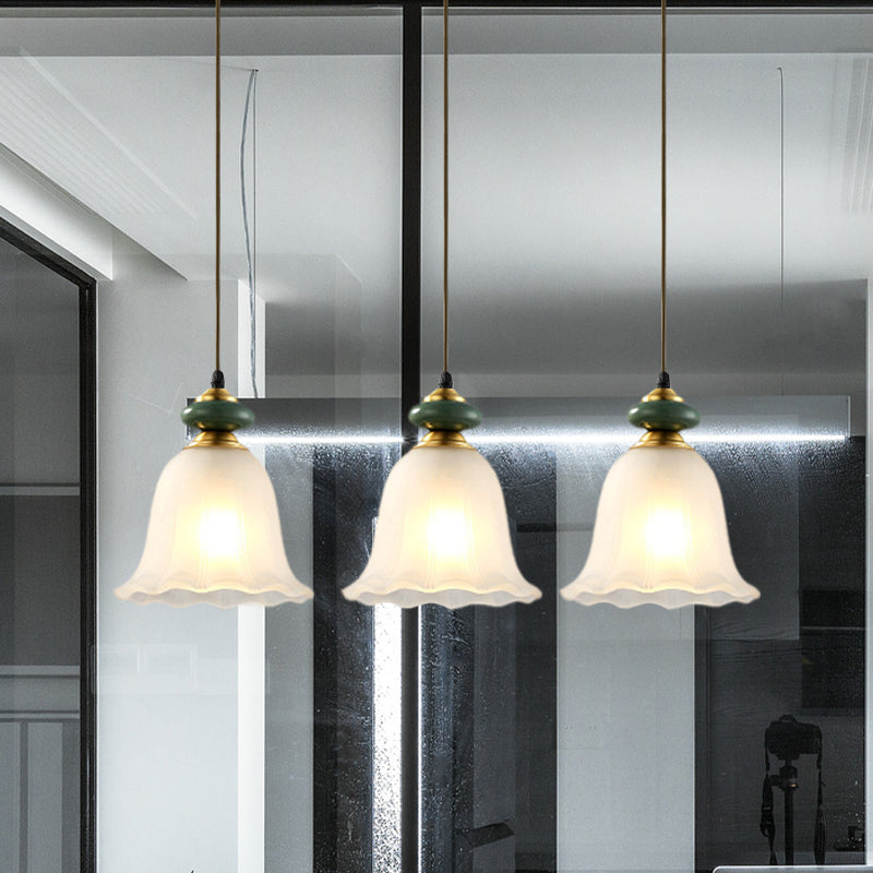 3 Heads Cluster Pendant Light Vintage Bell White Glass Hanging Lamp with Ceramic Cap for Dining Room