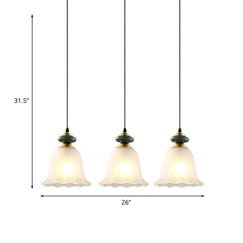 3 Heads Cluster Pendant Light Vintage Bell White Glass Hanging Lamp with Ceramic Cap for Dining Room