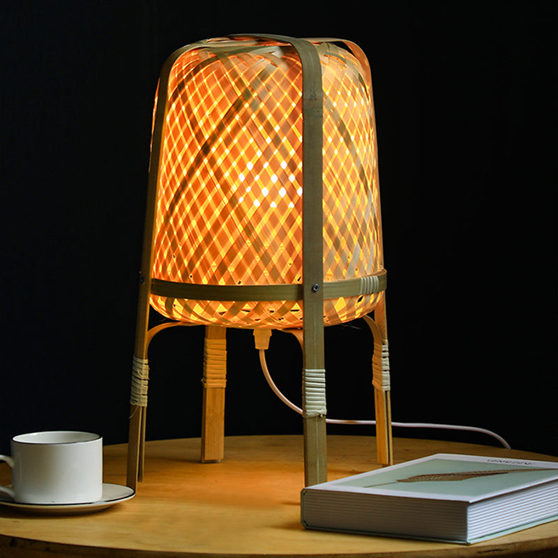 Beige Hand-Woven Table Light Asian Style 1 Bulb Bamboo Rattan Night Lamp for Bedside