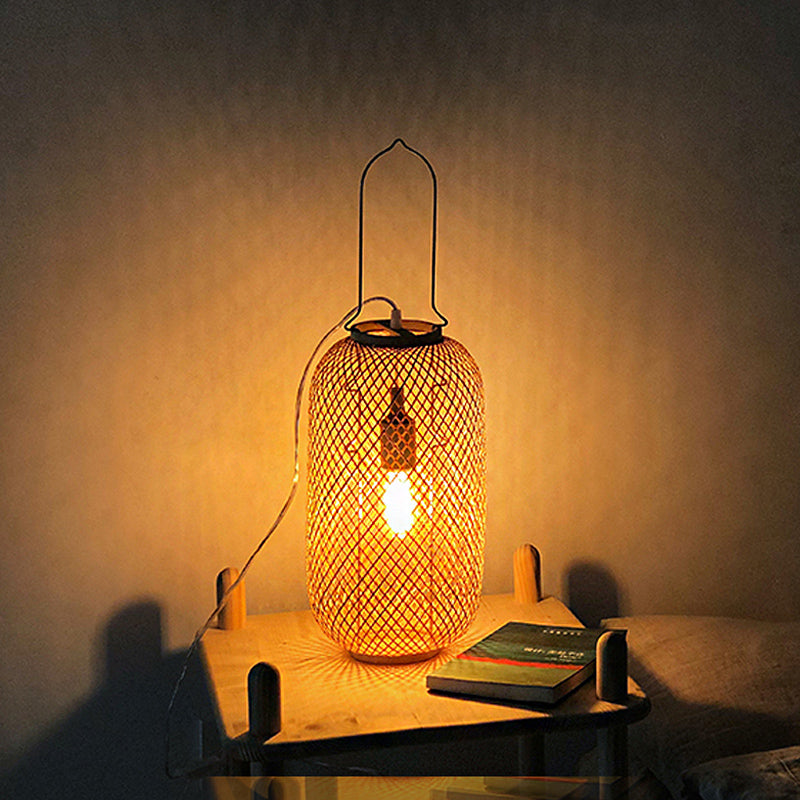 Asia-Style 1-Head Night Table Light Flaxen Cylinder Cage Nightstand Lamp with Bamboo Rattan Shade