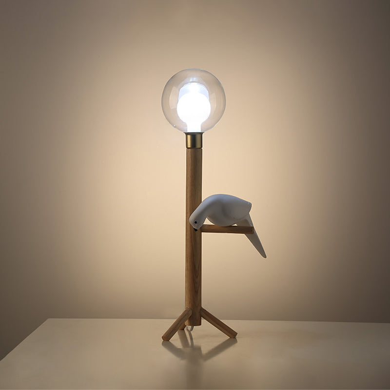 Sphere Bedside Night Light Clear Glass LED Modernist Wood Table Lamp with Bird Deco