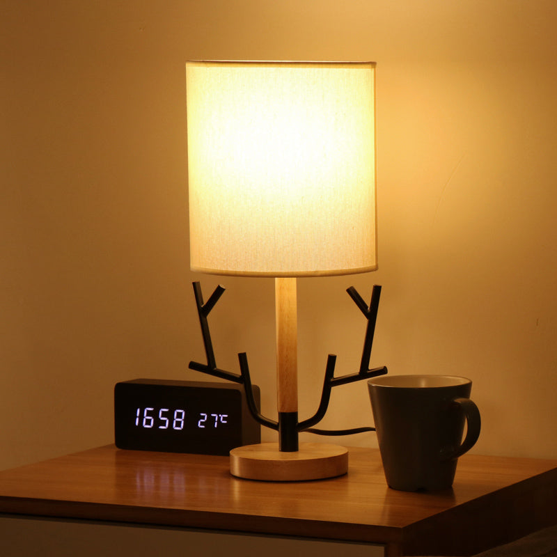 Branch Night Table Lamp Modern Wood 1-Light Black Reading Light with Barrel Fabric Shade for Bedroom