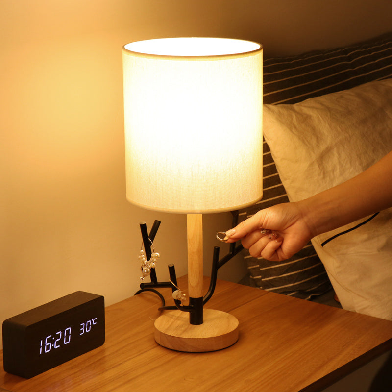 Lampada da tavolo da notte ramo moderna lettura nera a 1 luce con tonalità in tessuto a botte per camera da letto