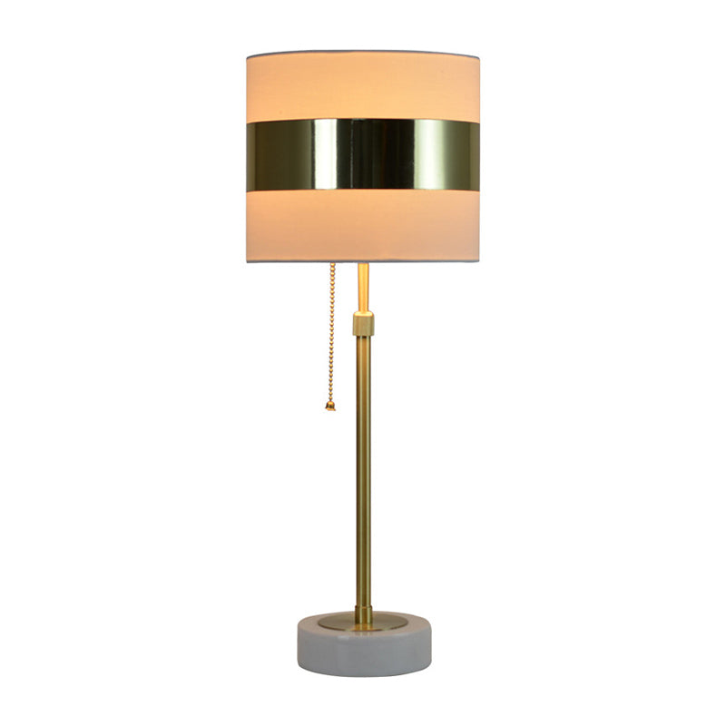 Post Modern Drum Table Light Fabric Single Bulb Bedside Nightstand Lamp in Gold with Pull Chain