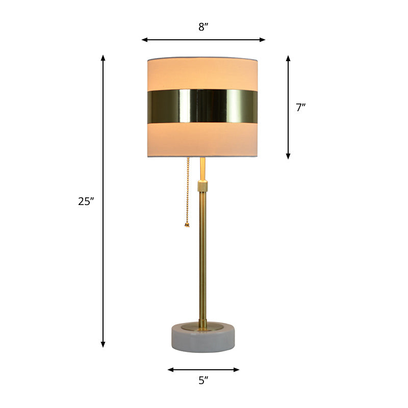 Post Modern Drum Table Light Fabric Single Bulb Bedside Nightstand Lamp in Gold with Pull Chain