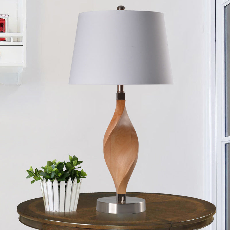 Spiral Wood Panel Table Lighting Modernism 1-Bulb Beige Night Lamp with White Fabric Shade