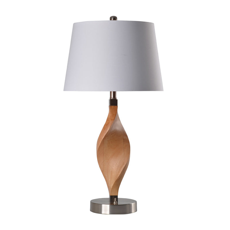 Spiral Wood Panel Table Lighting Modernism 1-Bulb Beige Night Lamp with White Fabric Shade