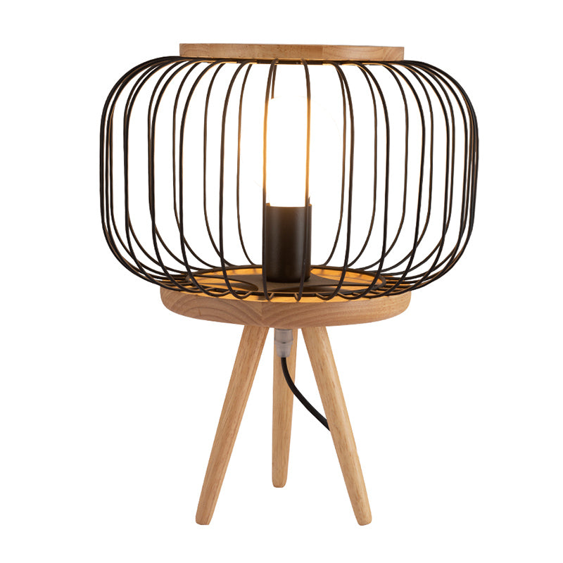 Drum Cage Iron Table Light Modernist 1 Head White/Black Finish Desk Lamp with Wood Tripod Base