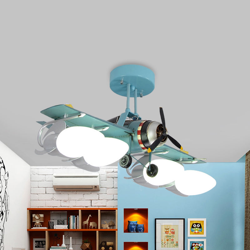 Iron Aircraft Shape Semi-Flush Ceiling Lamp Cartoon 4 Heads Green Flush Mount Lighting