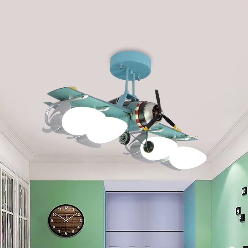 Iron Aircraft Shape Semi-Flush Ceiling Lamp Cartoon 4 Heads Green Flush Mount Lighting