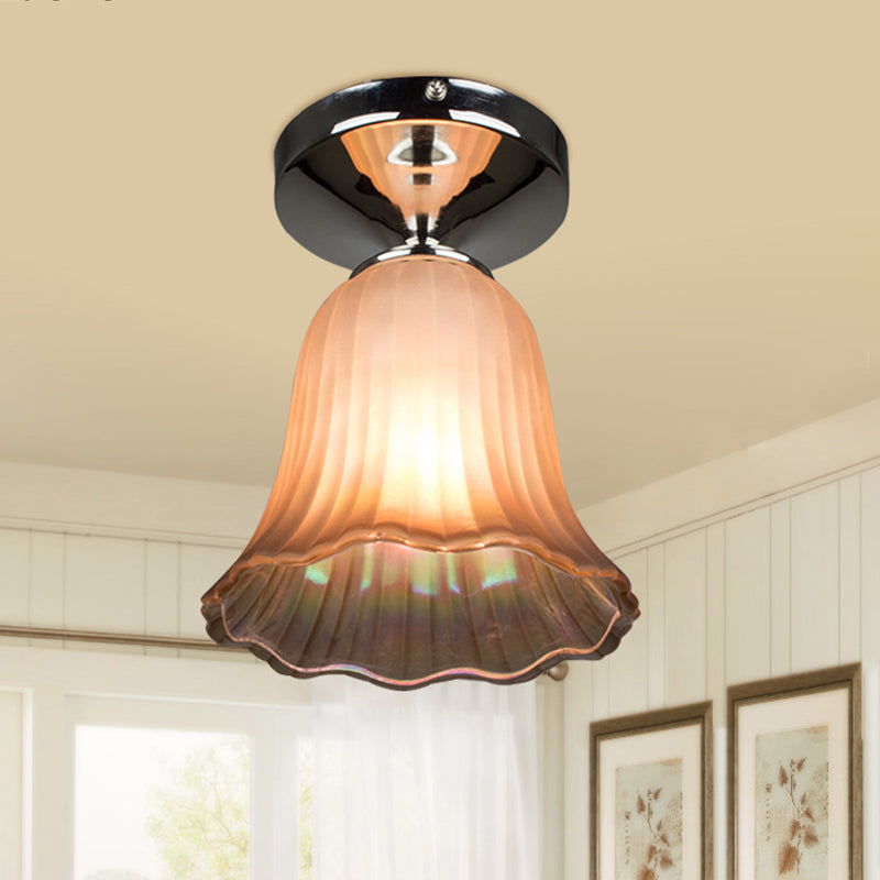 Tan Glass Flower Flushmount Traditional Style 1 Bulb Foyer Flush Mount Lighting Fixture