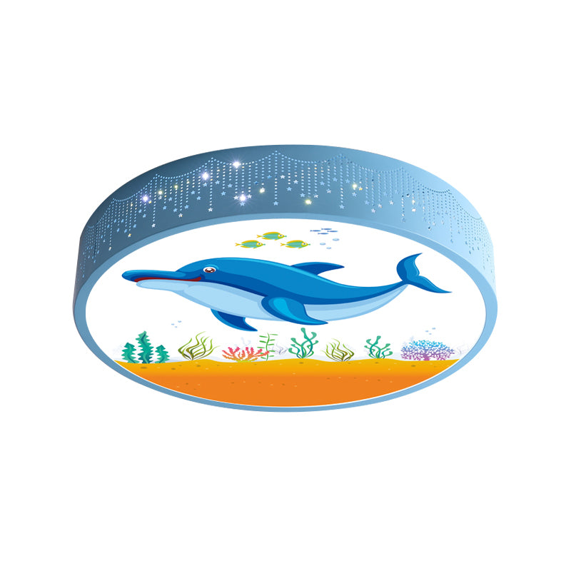 Kids Bedroom LED Flush Mount Light Cartoon Blue/White Ceiling Fixture with Dolphin/Shark/Fish Acrylic Shade