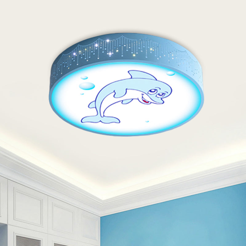 Kids Bedroom LED Flush Mount Light Cartoon Blue/White Ceiling Fixture with Dolphin/Shark/Fish Acrylic Shade