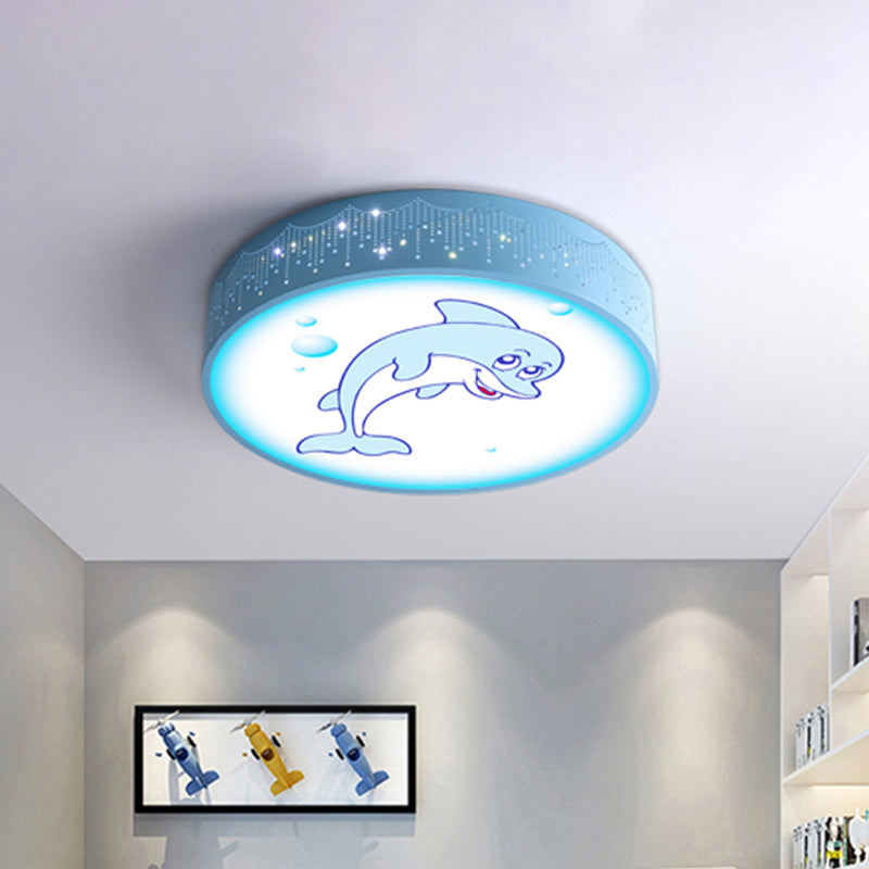 Kids Bedroom LED Flush Mount Light Cartoon Blue/White Ceiling Fixture with Dolphin/Shark/Fish Acrylic Shade