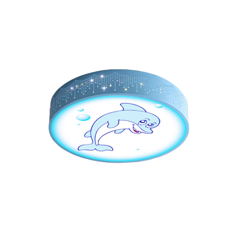 Kids Bedroom LED Flush Mount Light Cartoon Blue/White Ceiling Fixture with Dolphin/Shark/Fish Acrylic Shade