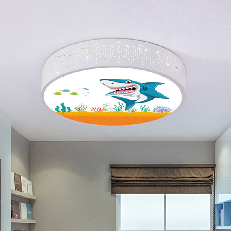 Kids Bedroom LED Flush Mount Light Cartoon Blue/White Ceiling Fixture with Dolphin/Shark/Fish Acrylic Shade