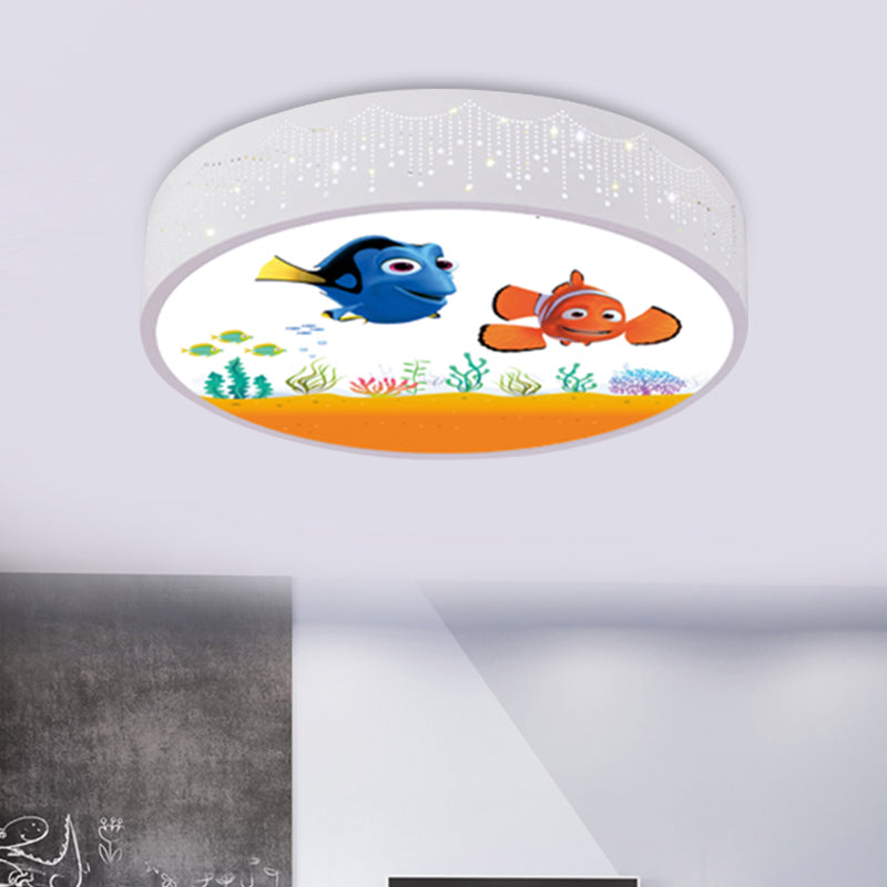 Kids Bedroom LED Flush Mount Light Cartoon Blue/White Ceiling Fixture with Dolphin/Shark/Fish Acrylic Shade