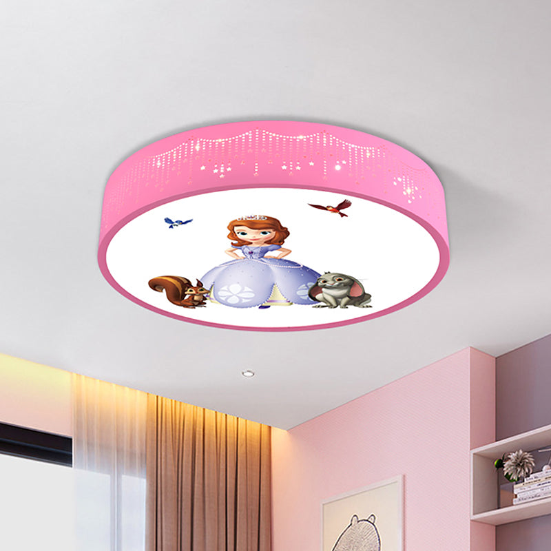 Princess Patterned Drum Ceiling Light Cartoon Acrylic Girl's Room LED Flush Mount Fixture in Pink