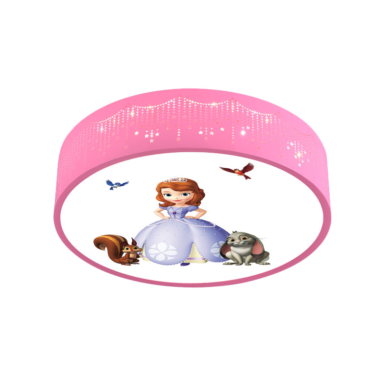 Princess Patterned Drum Ceiling Light Cartoon Acrylic Girl's Room LED Flush Mount Fixture in Pink