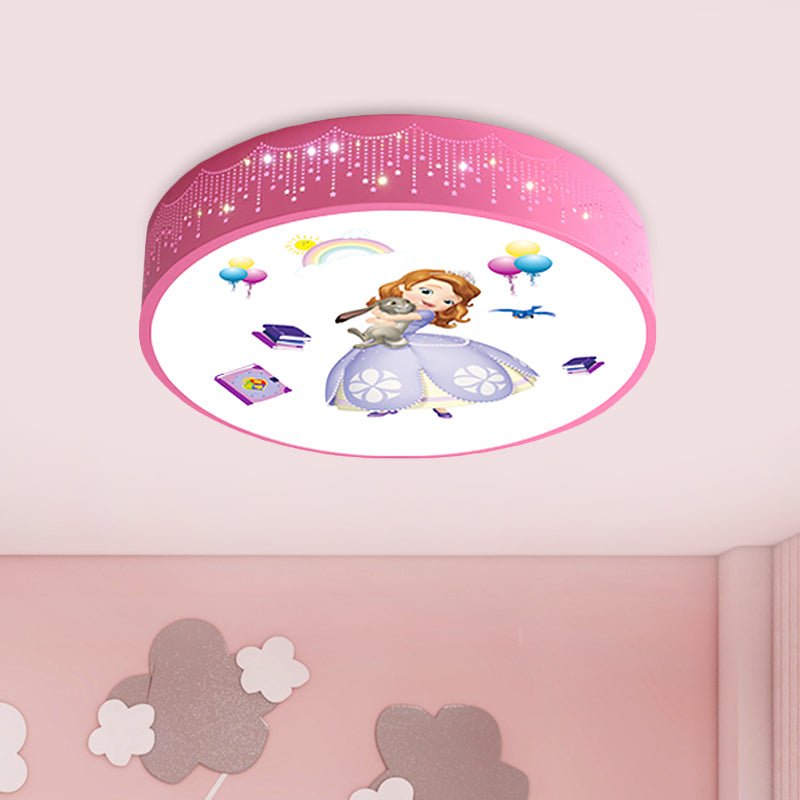 Princess Patterned Drum Ceiling Light Cartoon Acrylic Girl's Room LED Flush Mount Fixture in Pink