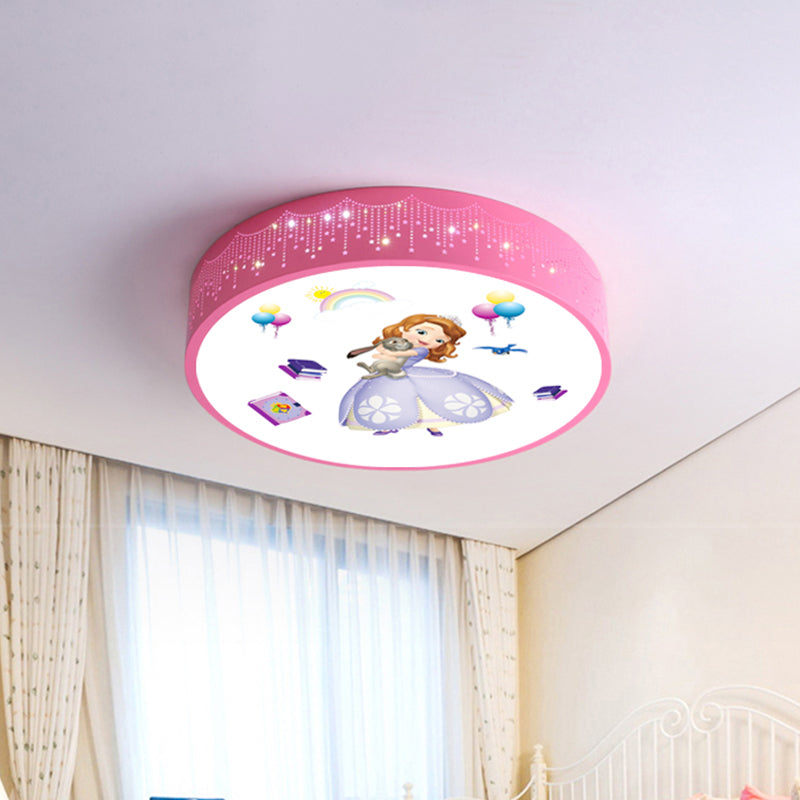 Princess Patterned Drum Ceiling Light Cartoon Acrylic Girl's Room LED Flush Mount Fixture in Pink