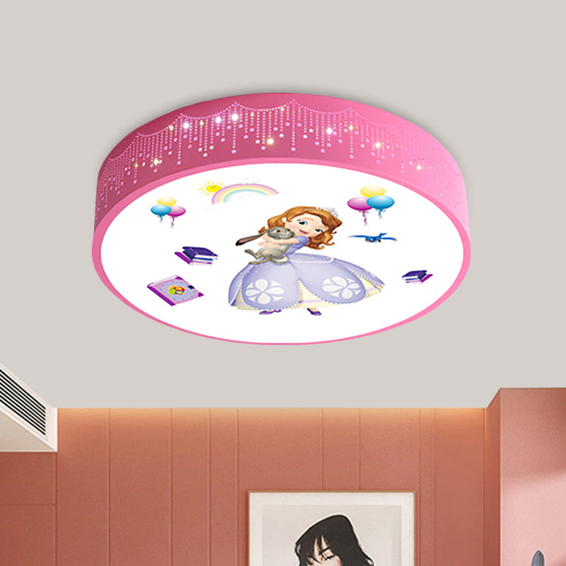 Princess Patterned Drum Ceiling Light Cartoon Acrylic Girl's Room LED Flush Mount Fixture in Pink