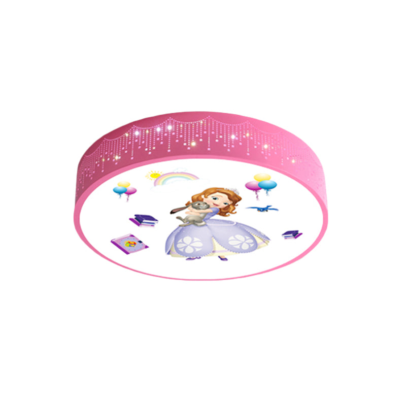 Princess Patterned Drum Ceiling Light Cartoon Acrylic Girl's Room LED Flush Mount Fixture in Pink