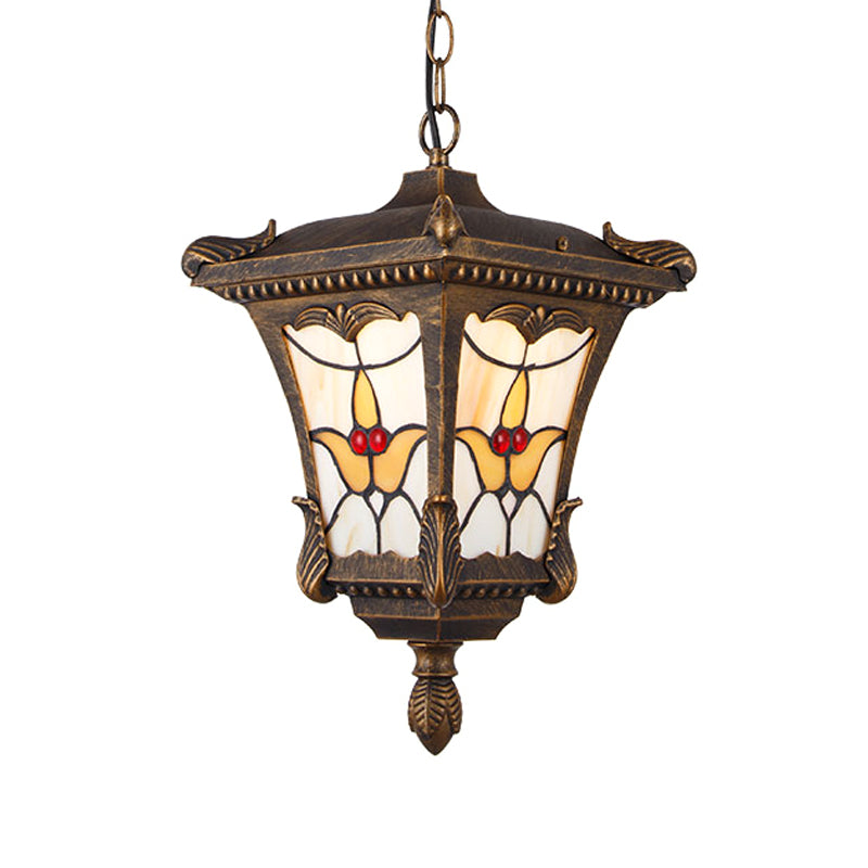 Lampada a ciondolo ruggine/bronzo in metallo Lantern a 1 testa Apparecchiatura tradizionale a soffitto con motivo a fiori per balcone